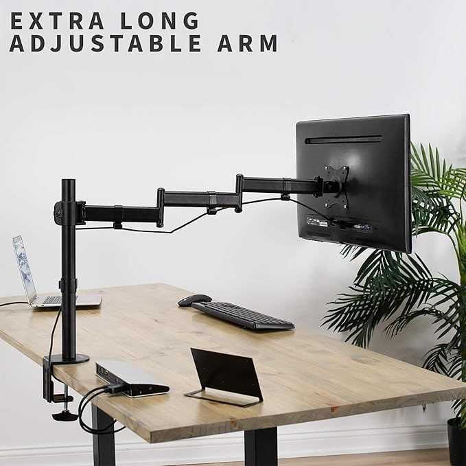 VIVO Single 13 to 32 inch Computer Monitor Desk Mount, Extra Long Adjustable Arm, VESA Stand for 1 Screen, Max VESA 100x100, Black, STAND-V101N
