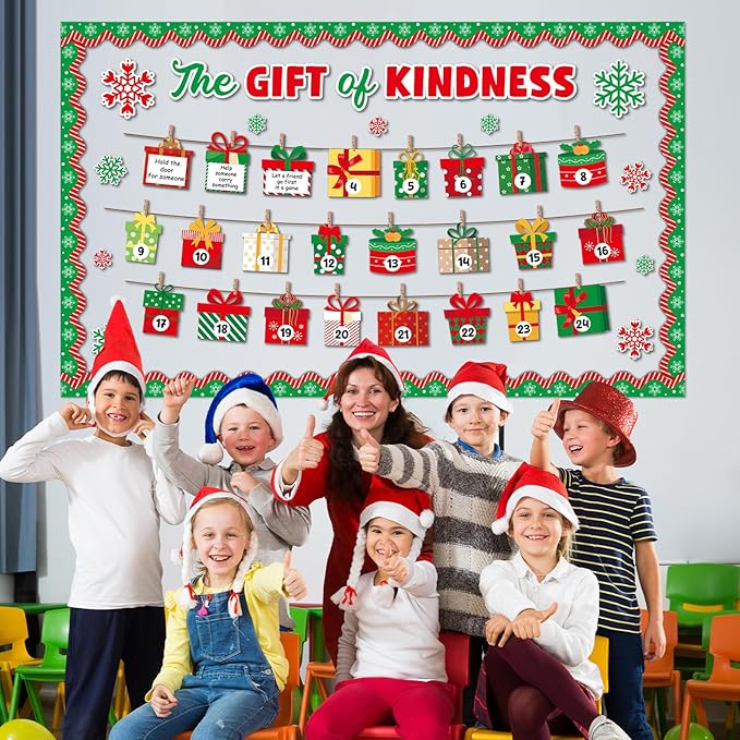 Christmas Bulletin Board Set Christmas Kindness Classroom Decoration Winter Snowflake Cutouts Xmas Countdown Gift Box Bulletin Board for Holiday School Chalkboard Xmas Party Wall Door Decor Supplies