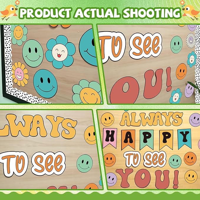 63 Pcs Groovy Bulletin Board Decorations Set Retro Smiley Face Classroom Decor with Black Dots Border Trims for Back to School Classroom Wall Door Decor