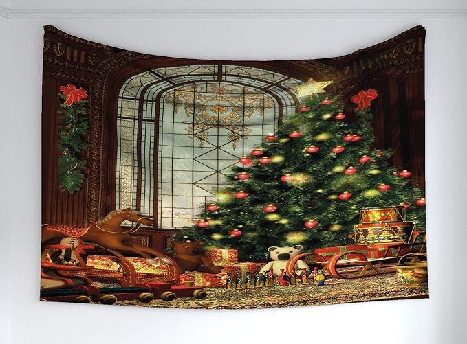Ambesonne Christmas Tapestry, Vintage Ambiance Big Old Fashioned Window Xmas Tree Various Presents, Fabric Wall Hanging Decor for Bedroom Living Room Dorm, 60" X 40", Brown Red Green