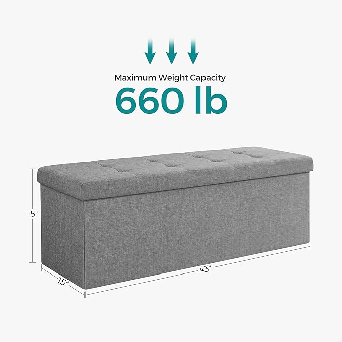 SONGMICS 43 Inches Folding Storage Ottoman Bench, Set of 2, Storage Chest, Foot Rest Stool, Bedroom Bench with Storage, Light Gray, ULSF422G02