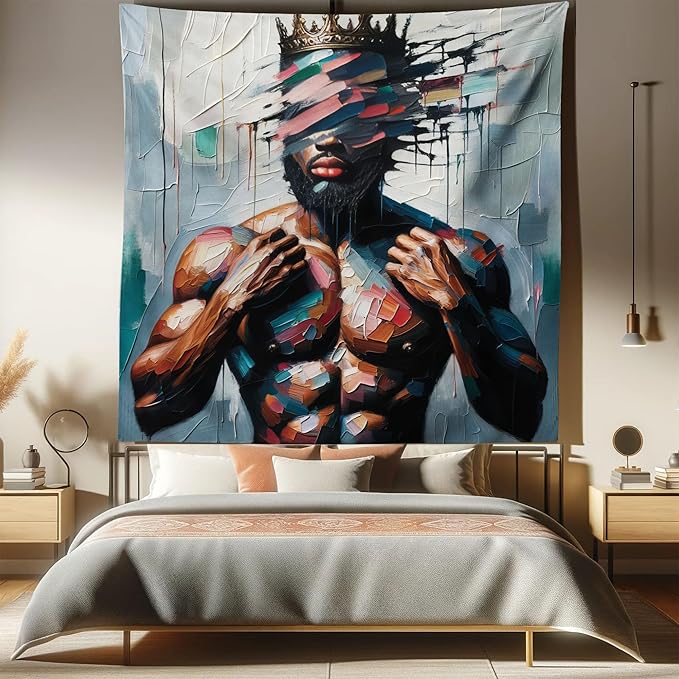 Ambesonne Afro Art Tapestry Queen Size, Strong Black Man with a Crown Face of Strokes Modern Painting Print, Wall Hanging Bedspread Bed Cover Wall Decor, 88" X 88", Blue Grey and Chocolate