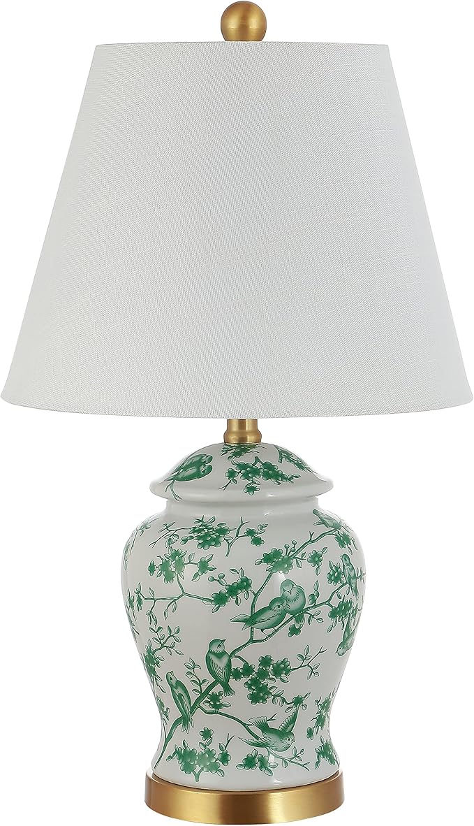 JONATHAN Y 22" White/Green Ceramic Table Lamp, French Country Chinoiserie Ginger Jar LED Bedside Lamp for Living Room Bedroom, White Linen Shade (JYL3005B)