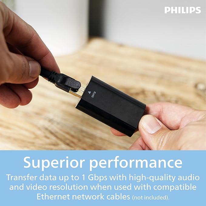 Philips USB C to Ethernet Adapter, Transfer Data 1 Gbps, Works w/Ethernet Cables, Portable USB C Adapter for MacBook Pro, MacBook Air 2018 and Later, iPad Pro 2018 and Later, XPS, Black, SWL3583B/37