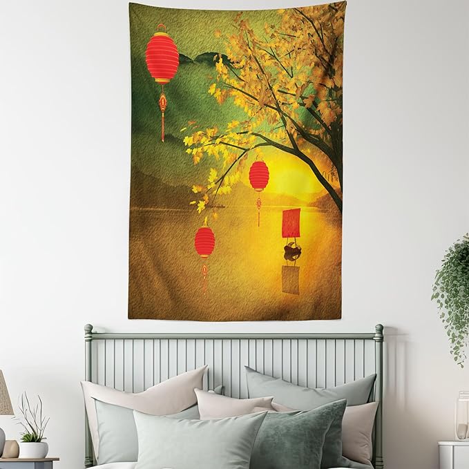 Ambesonne Oriental Tapestry Twin Size, Traditional Chinese Folk Hanging from Pale Fall Trees Lake Faded Nature Photo, Wall Hanging Bedspread Bed Cover Wall Decor, 68" X 88", Yellow Green