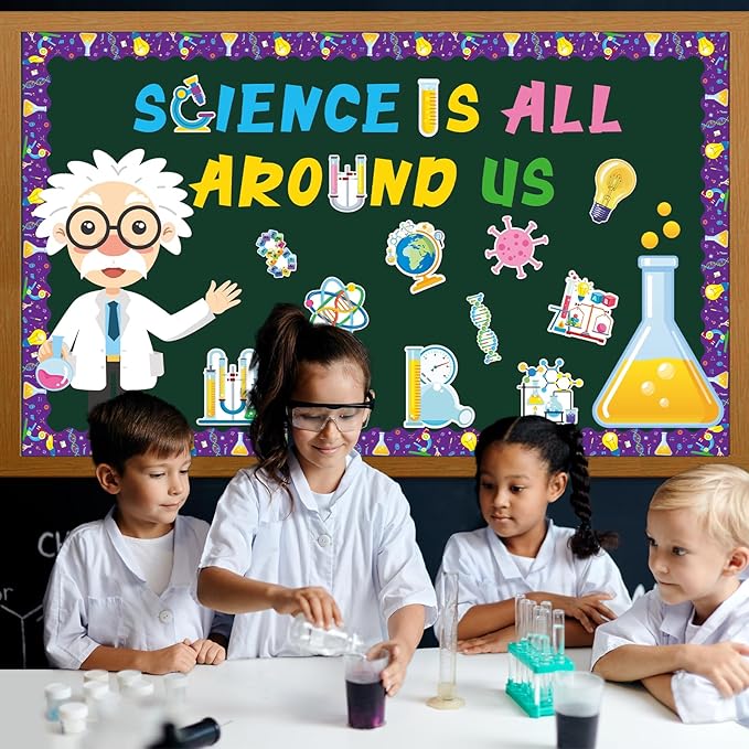 party greeting Science Bulletin Board Set Science is All Around Us Classroom Decoration Scientist Lab Paper Cutouts Bulletin Board Border for Wall Decor Teacher Must Haves Back to School Supplies