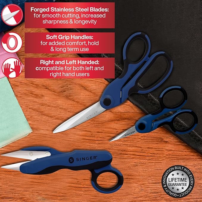 SINGER ProSeries Sewing Scissors Bundle: 8.5" Heavy Duty Fabric, 4.5" Detail Embroidery, 5" Thread Snips With Comfort Grip (Dark Blue)