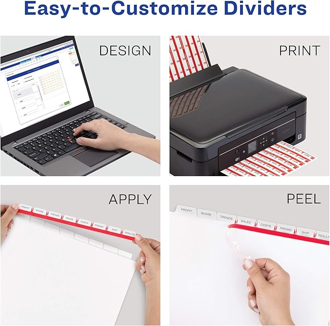 Avery 8 Big Tab Dividers for 3 Ring Binder, Easy Print & Apply Clear Label Strip, Index Maker Customizable White Tabs, 5 Sets (11493)