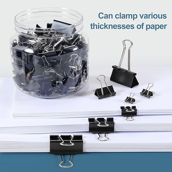 Ufmarine Binder Clips Paper Clips Assorted Sizes 200 Count (Black), Metal Paper Binder Clips with Box for Office, School and Home