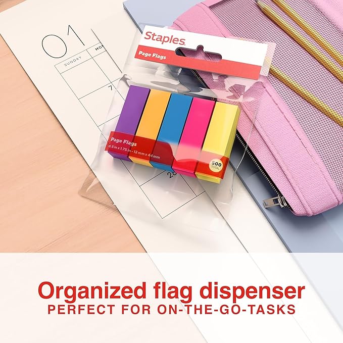 Staples Page Flags, 0.5", Assorted Colors, 500 Flags – Sticky Index Tabs for Marking, Highlighting & Organization