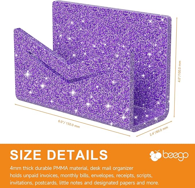 Beego Envelope and Mail Organizer Countertop - Glitter Purple Acrylic Desk Organizer Letter Holder Desktop File Sorter Bill Document Folder Rack for Office, Home, School Desk Organization