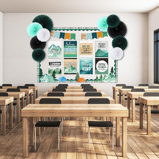 Pajean 62 Pcs Mountains Classroom Bulletin Board Decorations Green with 3D Paper Fans Inspirational Posters Cutouts Moving Mountain Motivational Bulletin Board for School Classroom Home Decorations