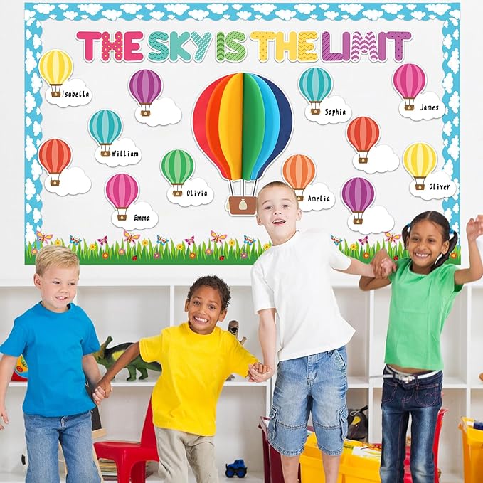 3D Hot Air Balloon Bulletin Board Set Colorful DIY Crafts Name Tags The Sky is The Limit Classroom Decorations Back to School Paper Cutouts for Motivational Nursery Supplies Teacher Wall Decor