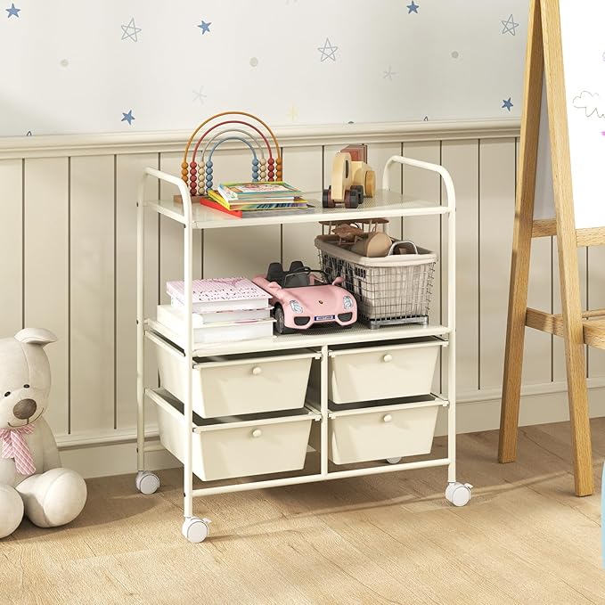 COSTWAY 4-Drawer Storage Cart, Mobile Storage Organizer w/Steel Frame & 360° Wheels, 4-Drawer Utility Cart for Living Room, Kitchen, Bathroom & Office (White)