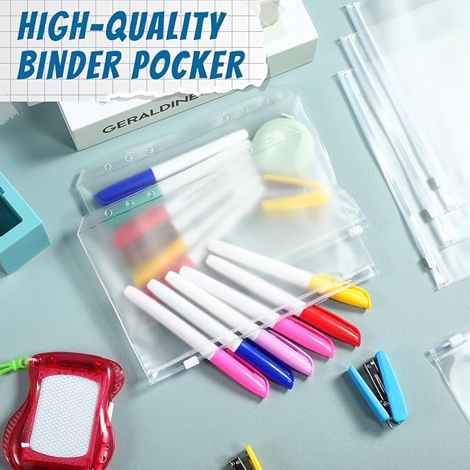 Zonon 30 Pcs A5 6 Rings Tansparent Zipper Binder Pouches Clear Binder Pockets with Zipper Folders Waterproof PVC Loose Leaf Bags Filling Bags for Pen Pencil Notebooks File Document