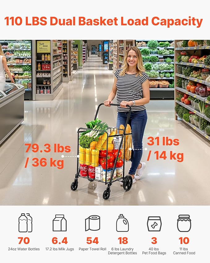 VEVOR Folding Shopping Cart, Jumbo Grocery Cart with Double Baskets, 360° Swivel Wheels, Heavy Duty Utility Cart, 110 LBS Large Capacity Utility Cart for Laundry, Shopping, Grocery, Luggage, Black
