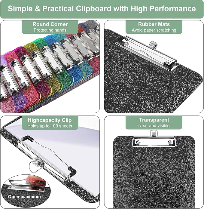 SFLHHDM Clear Glitter Clipboards, Plastic Clipboard with Pen Holder, Clip Boards 8.5x11 with Low Profile Clip, Cute Hanging Clip Board for Office School Supplies Sparkly Clipboard (Ink Black)