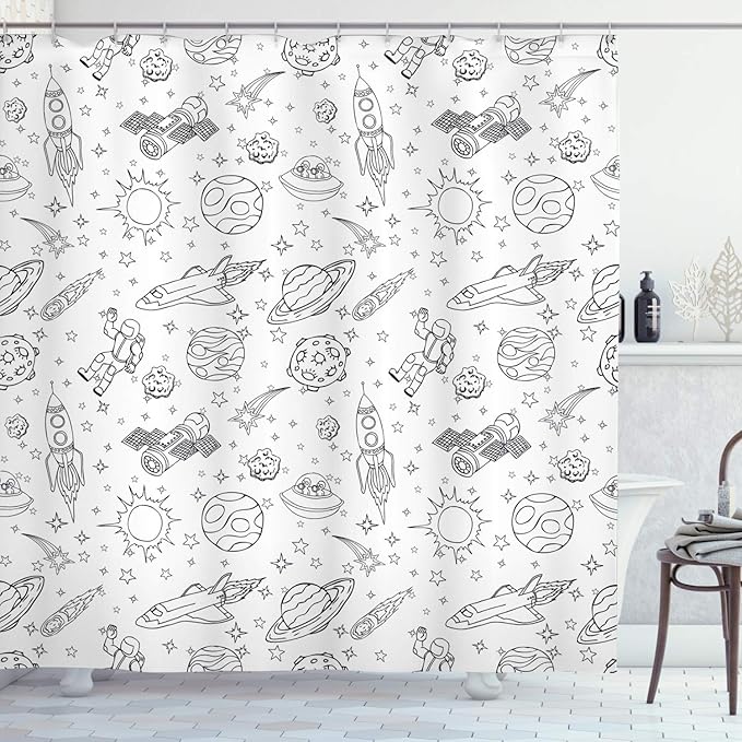 Ambesonne Cartoon Shower Curtain, Doodle Solar System Astronauts Space Crafts Shooting Stars Science Fiction Theme, Cloth Fabric Bathroom Decor Set with Hooks, 69" W x 84" L, White Ink
