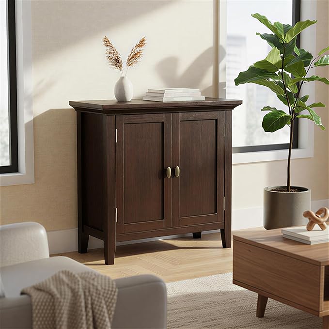 SIMPLIHOME Redmond SOLID WOOD 32 inch Wide Transitional Low Storage Cabinet in Brunette Brown for the Living Room, Entryway and Family Room