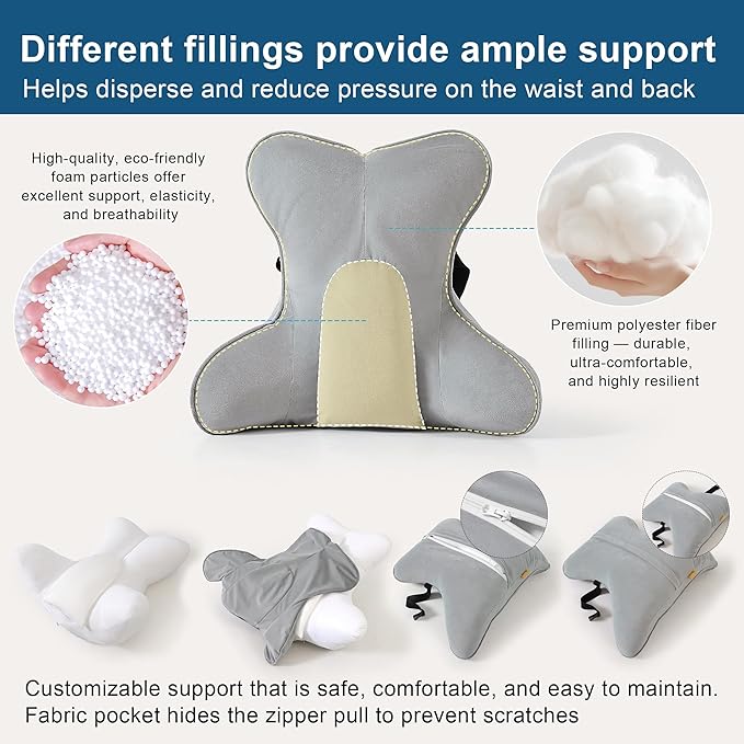 Lumbar Support Pillow(Pat. Pend) – Multi-Functional Ergonomic Back Cushion for Office Chair, Car Seat & Sofa, Reading Pillow with Firm Multi-Zone Support to Relieve Lower Back Pain,Zinc Gray