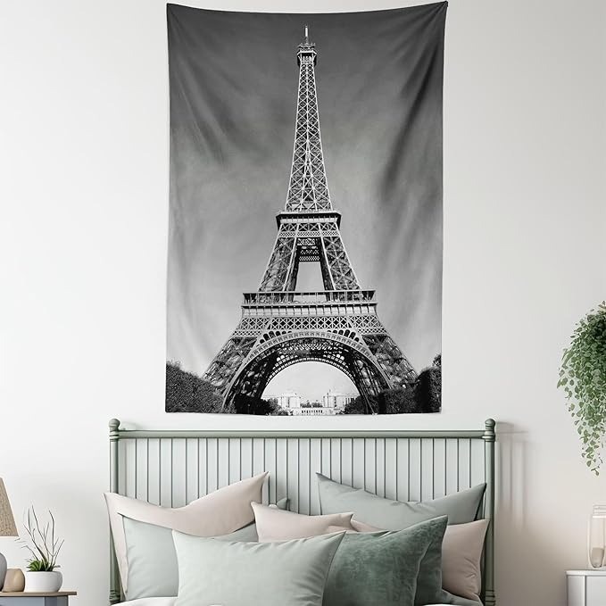 Ambesonne Eiffel Tower Tapestry Queen Size, Paris Landmark Monochrome Picture of Cityscape European Urban Famous Place Image, Wall Hanging Bedspread Bed Cover Wall Decor, 88" X 88", Grey