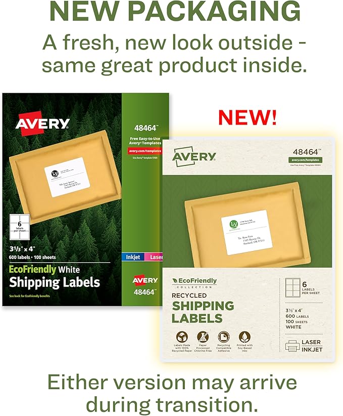 Avery EcoFriendly Recycled Shipping Labels, 3-1/3" x 4", White, Permanent Label Adhesive, 600 Printable Labels (48464)