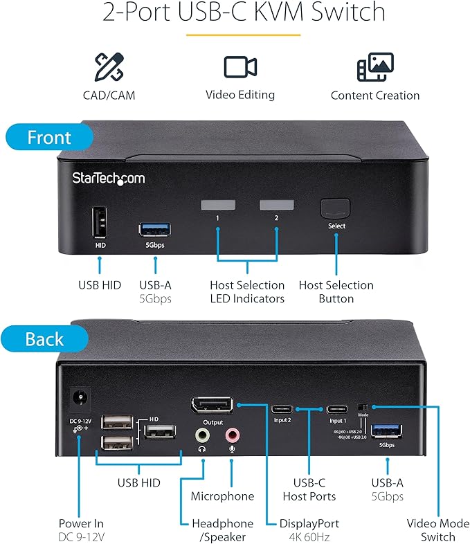 StarTech.com 2-Port USB-C KVM Switch, Single 4K 60Hz DisplayPort Monitor, 3.5mm Audio, 6X USB Hub Ports, Hot Key Switching, Thunderbolt 3/4 Compatible, TAA (SV231DPUCA)