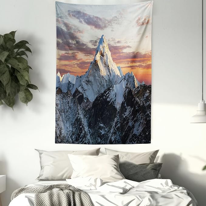 Ambesonne Mountain Tapestry Queen Size, Evening South High Hill Above the Sky Colorful Nepal Everest Photo, Wall Hanging Bedspread Bed Cover Wall Decor, 88" X 88", Bluegrey Salmon