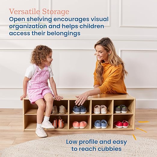 ECR4Kids Streamline 10 Cubby Tray Storage Cabinet, 2x5, Classroom Furniture, Natural