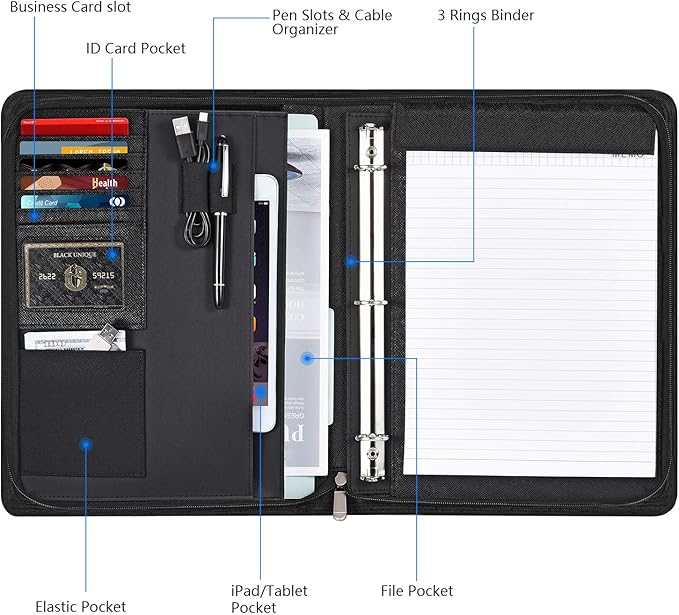 Portfolio Binder, Pacific Mailer 3 Ring Binder Portfolio Organizer with Leather Folder Writing Pad Zipper Business Notebook Binders Tablets Notepads Resumes Documents Holder for Men Women