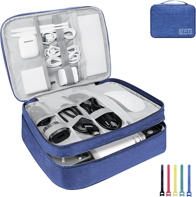 Electronics Travel Organizer,Large Double Layer Portable Waterproof Travel Organizer Bag for Charging Cable Storage,Ipad,Power Bank,Hard Drive,for Travel,Business,5pcs Cable Ties-Navy Blue