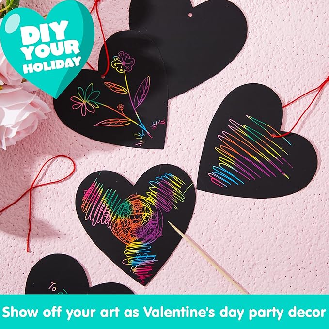 JOYIN 24 Packs Valentines Day Cards with Scratch Heart Paper, Magic Color Heart Rainbow Scratch Cards for Kids Crafts and Art Classroom Exchange, Valentine's Party Favors