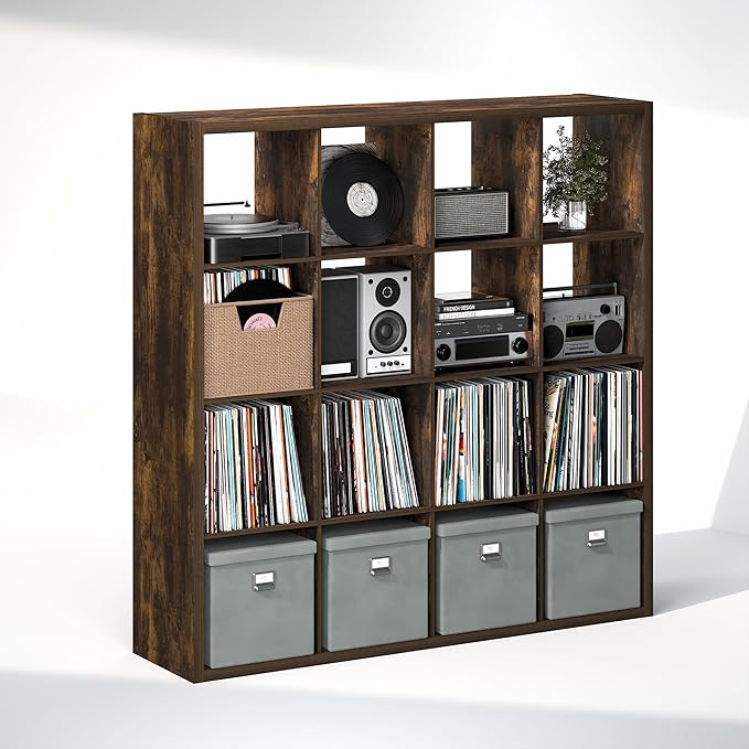 Furinno Cubicle Record Player Stand with Vinyl Storage, 16-Cube 1.2 Extra Thick Vinyl Record Storage, Open Back Media Shelf for CD DVD Blueray Game Disc, for Living Room, Home Office, Amber Pine