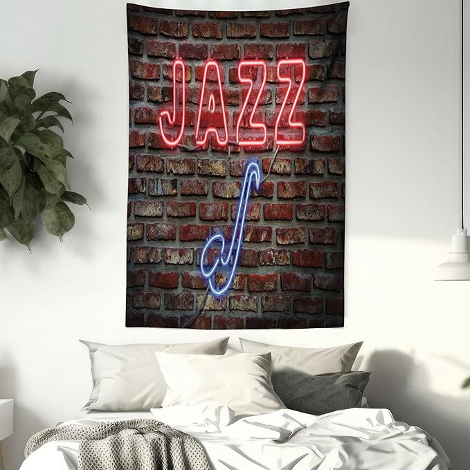 Ambesonne Music Tapestry, Image of Alluring Neon All Jazz Sign Saxophone Instrument on Brick Wall Print, Fabric Wall Hanging Decor for Bedroom Living Room Dorm, 30" X 45", Red Blue