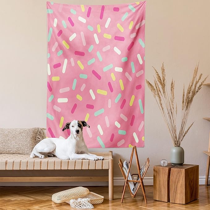 Ambesonne Pink and White Tapestry, Abstract Pattern of Colorful Donut Sprinkles Tasty Food Bakery Theme, Wall Hanging for Bedroom Living Room Dorm Decor, 40" X 60", Pink Yellow