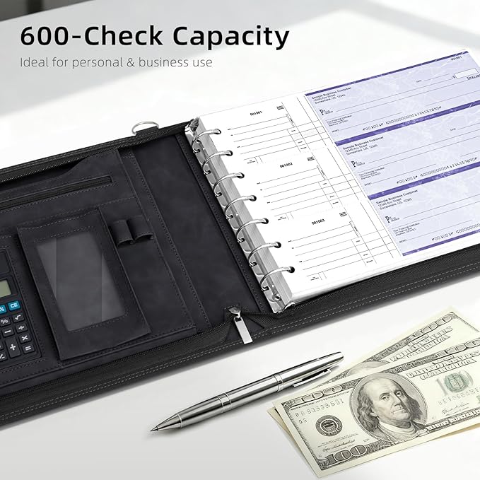 Ospelelf Black Zippered 7 Ring Check Binder for Business Checks (9" x 13"), 1 Inch Faux Leather Checkbook Portfolio with Zipper Pouch, Professional Binder Organizer for Accountants, Home Use