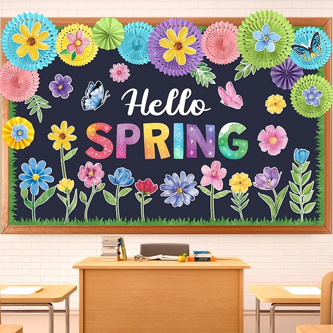 Fuutreo Spring Bulletin Board Set Hello Spring Flowers Cutouts Paper Fans Bulletin Board Border Classroom Decoration for School Office Home Teacher Wall Supply
