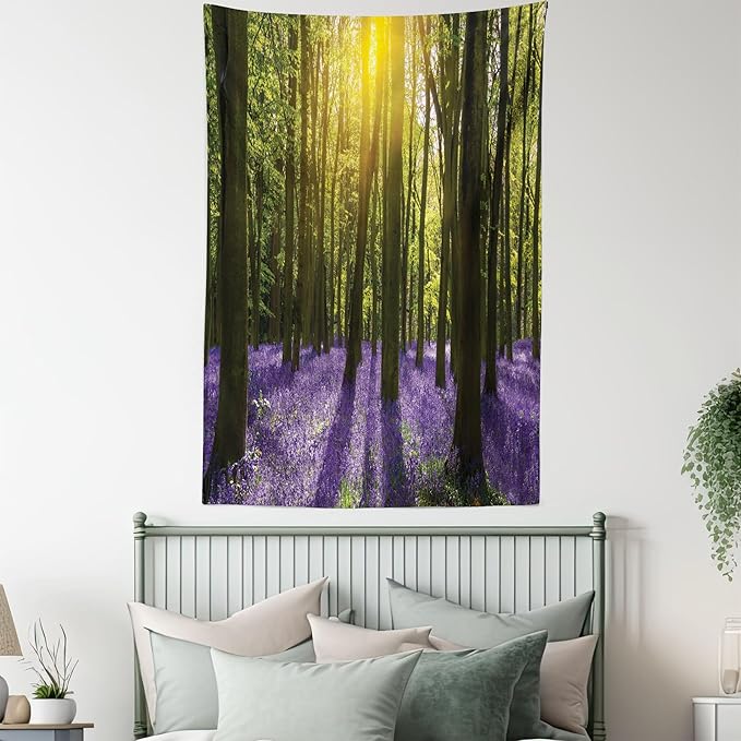 Ambesonne Woodland Tapestry Queen Size, Sunbeams in the Forest of Bluebells Blooms Deep in Woodland Oxfordshire, Wall Hanging Bedspread Bed Cover Wall Decor, 88" X 88", Violet Green Yellow