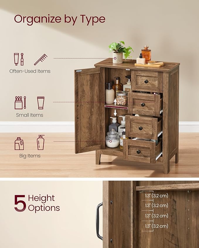 VASAGLE LIRY Collection - Storage Cabinet, Farmhouse Bathroom Floor Cabinet with 4 Drawers, Freestanding Storage Organizer, Barn Door, Adjustable Shelf, Honey Brown, UBBK753K01