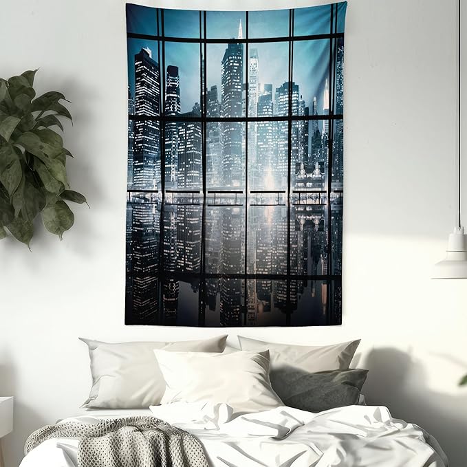 Ambesonne Modern Tapestry, Modern New York City Scenery at Night with Skyscrapers Buildings Print, Fabric Wall Hanging Decor for Bedroom Living Room Dorm, 23" X 28", Black Blue