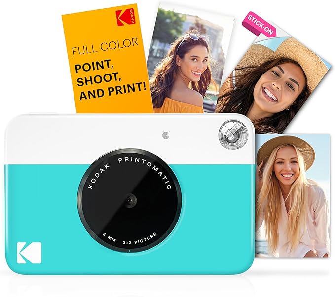 Kodak Printomatic Full-Color Instant Print Camera Starter Bundle + Carrying Case + Zink 20pk Photo Paper - Colorful Photos On 2x3 Sticky-Back Paper - Fun Gift for Birthday Christmas Holiday - Blue