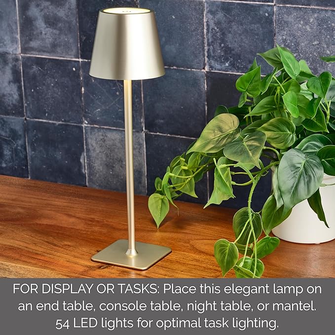 Mikasa 14.8-Inch Champagne Rechargeable LED Desk Lamp with Touch Control - 5000mAh Battery, 3 Light Colors, Stepless Dimming, 54 LED Lights, Iron Construction, USB-C Charging