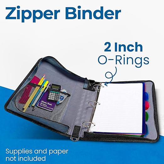 Case-it Classic Zipper Binder | 2-Inch O-Rings, 350 Sheet Capacity, Multiple Storage Pockets & Shoulder Strap | School & Office Organizer | D-251 Jet Black | 6 Pack