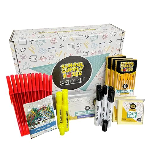 School Supply Boxes | Teacher Case (4 Boxes) | Back to School Essentials Kit Designed for Teachers | Includes Pencils, Red Pens, Dry Erase Markers, Sticky Notes, Paper Clips & More