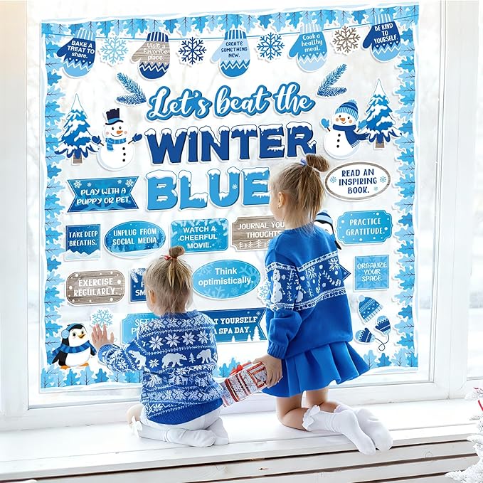 Honoson 68 Pcs Winter Bulletin Board Decorations Set Winter Mental Health Classroom Decor Snowman Snowflake Motivational Cutouts for January Xmas Holiday Party School Office Home Wall Door Supplies