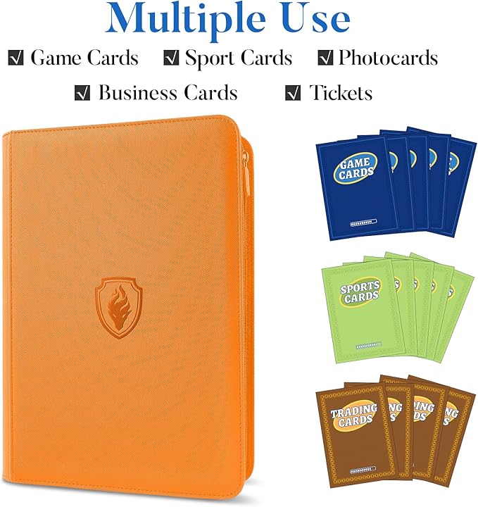 Premium Zip Card Binder, Fabmaker 9 Pocket Trading Card Binder, PU Cover Zipper Card Collection Album, Sturdy 360 Side-Loading Card Folder Holder for Game & Sports Cards, Orange