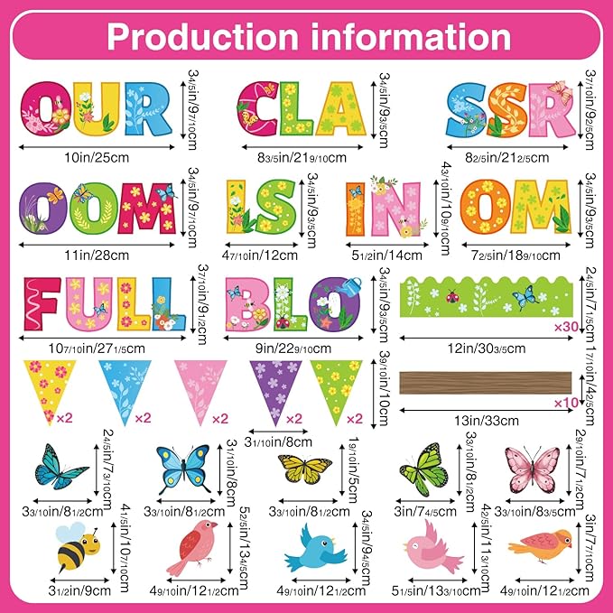 108pcs 3D Spring Bulletin Board Decorations Set Our Classroom is in Full Bloom Butterfly Flower Floral Cutouts Spring Bulletin Board for Motivational Classroom School Home