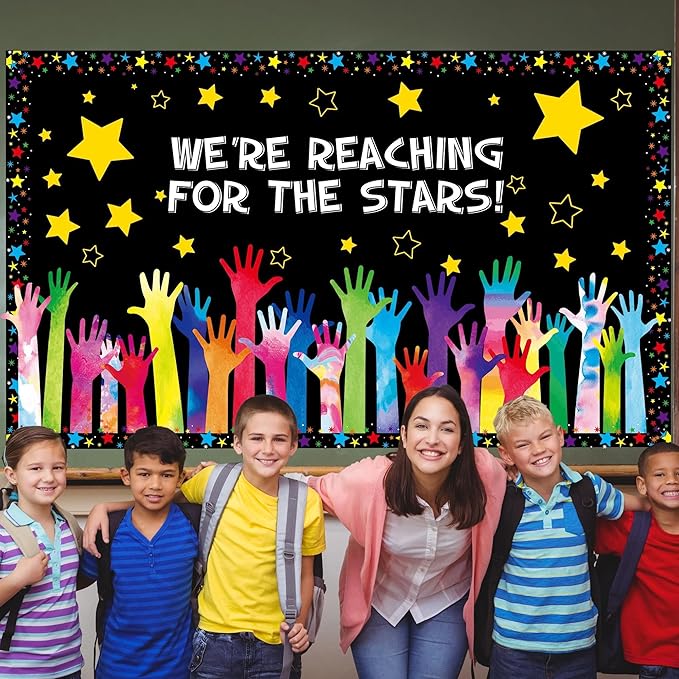 Reach for The Stars Bulletin Board Set Welcome Back to School Bulletin Board Colorful Stars Hands Cutouts for Inspirational Motivational Classroom Decoration Educational Learning Activities Supplies