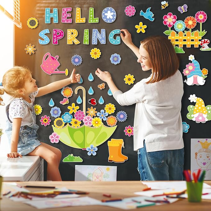Konsait Spring Bulletin Board Decorations, 68Pcs Spring Bulletin Board Set, Big Umbrella Flowers Waterdrop Spring Cutouts for Home Office Classroom Blackboard Wall Decoration