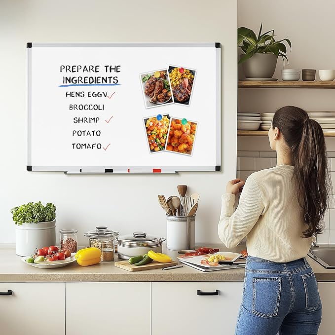 DUMOS Magnetic White Board Kit for Wall 40" x 30", Dry Erase Board with 1 Dry Eraser & 2 Multicolor Markers & 4 Magnetic Pins, Silver Reinforced Aluminum Frame for Home, School, Office